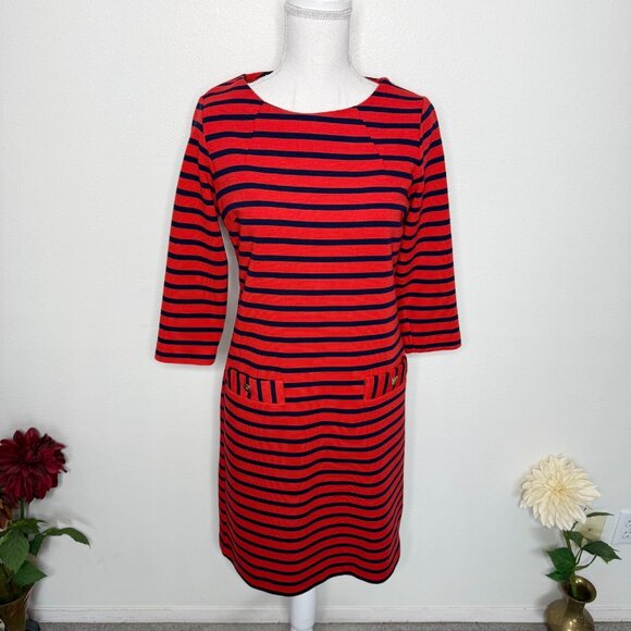 Dalia Orange & Navy Striped Dress Office Career Professional Cocktail Party - Picture 1 of 6